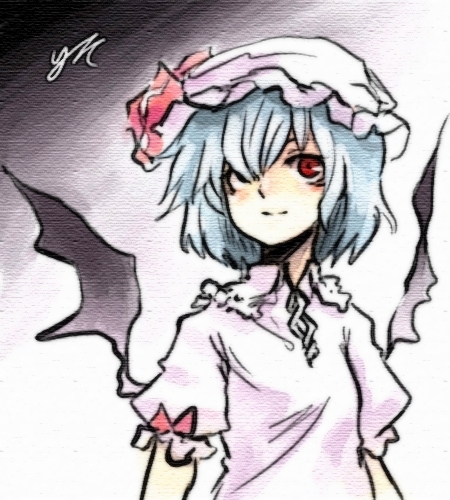 remilia scarlet, touhou, lowres, 1girl, female focus, hair over one eye, hat, mob cap, solo, wings