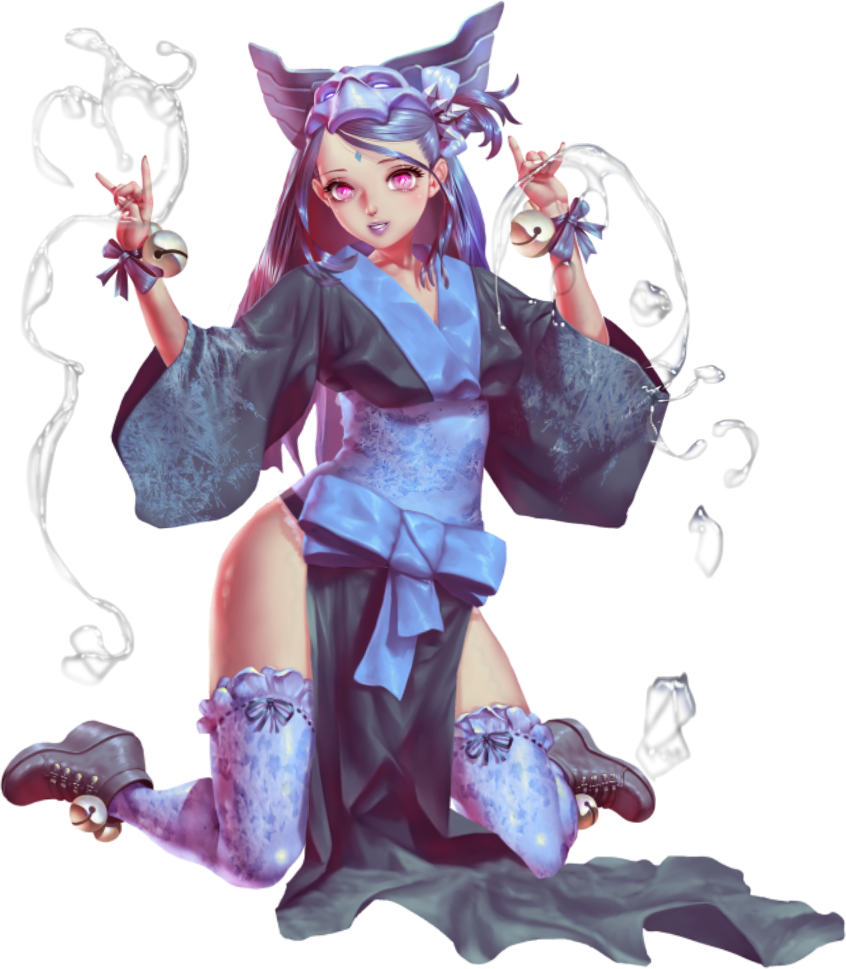 crystal maiden (series), artist request, game cg, highres, official art, variant set, 1girl, m/, bare hips, bell, blue bow, blue hair, blue lips, bow, breasts, forehead jewel, full body, japanese clothes, jingle bell, kneeling, long hair, looking at viewer, misty (crystal maidens), pink eyes, pink hair, shoes, solo, transparent background, water