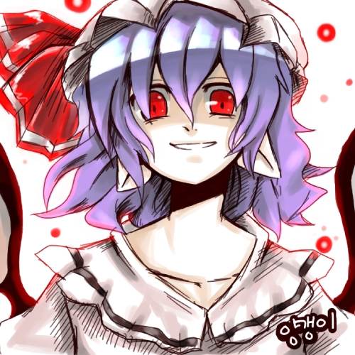 remilia scarlet, touhou, lowres, 1girl, female focus, hair between eyes, hat, korean text, mob cap, pointy ears, smile, solo, upper body, white background, wings
