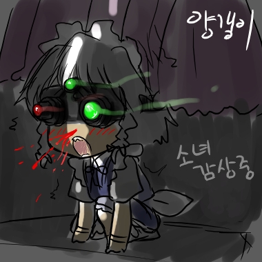 izayoi sakuya, touhou, silver hair, lowres, 1girl, blood, braid, female focus, korean text, night-vision device, nosebleed, short hair, solo, twin braids
