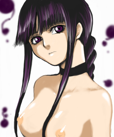 kurotsuchi nemu, bleach, lowres, 00s, 1girl, black hair, braid, breasts, choker, completely nude, female focus, nipples, nude, purple eyes, purple hair, single braid, solo, topless frame, upper body