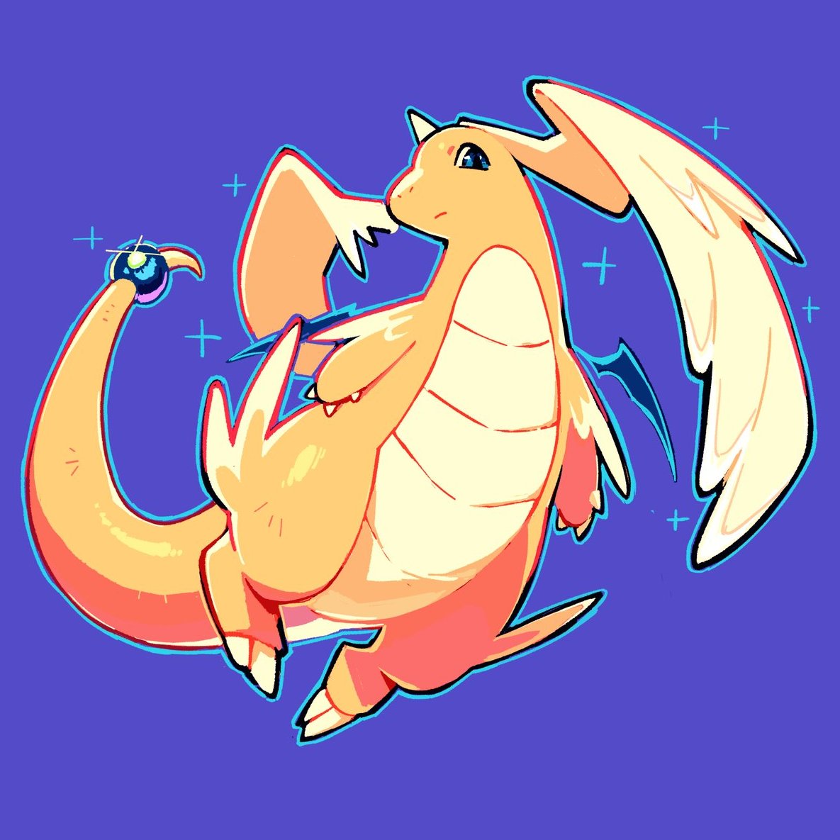kaatokun, dragonite, mega dragonite, nintendo, pokemon, blue eyes, colored skin, feathered wings, gen 1 pokemon, head wings, horns, no humans, orange skin, pokemon (creature), purple background, simple background, single horn, solo, tail, white wings, wings