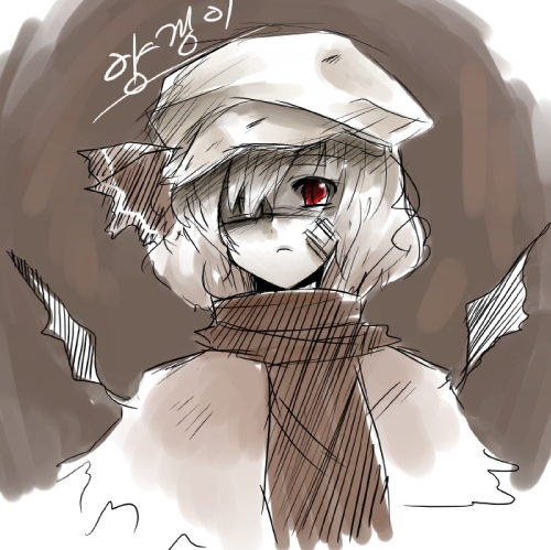 remilia scarlet, touhou, lowres, 1girl, brown background, brown theme, female focus, frown, korean text, monochrome, scarf, solo, spot color
