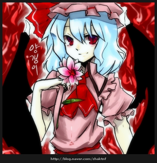 remilia scarlet, touhou, 1girl, ascot, bat wings, female focus, flower, hat, mob cap, pink hat, red ascot, red background, solo, watermark, web address, wings