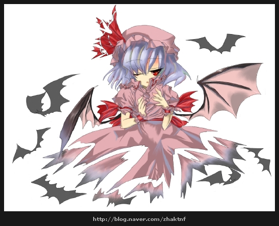 remilia scarlet, touhou, 1girl, bat (animal), bat wings, dress, female focus, hat, mob cap, pink hat, red eyes, simple background, solo, torn clothes, torn dress, watermark, web address, white background, wings