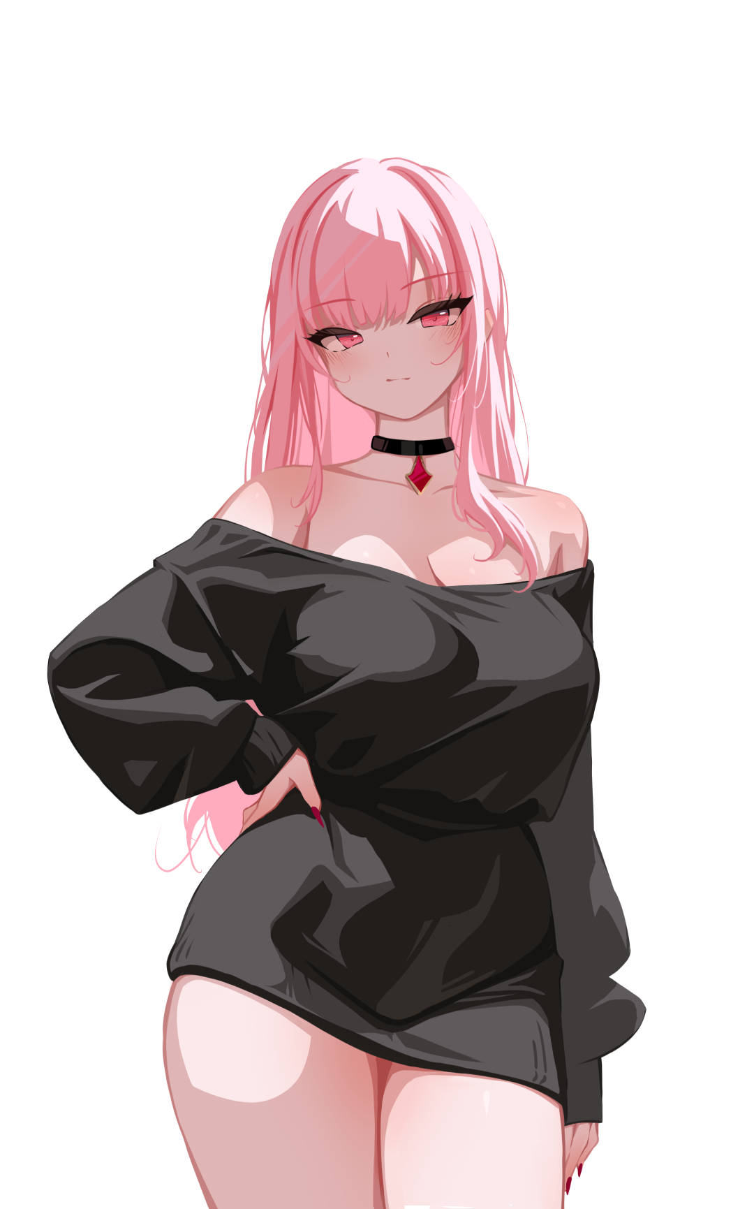 sansha art, mori calliope, hololive, hololive english, commentary, highres, 1girl, alternate costume, black choker, black sweater, blunt bangs, breasts, choker, cleavage, closed mouth, cowboy shot, hand on own hip, large breasts, light smile, long hair, long sleeves, looking at viewer, no pants, off-shoulder sweater, off shoulder, pendant choker, pink eyes, pink hair, sidelocks, simple background, solo, sweater, virtual youtuber, white background
