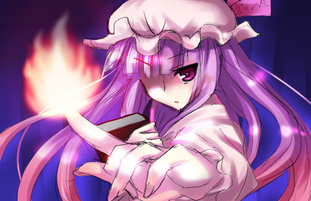 patchouli knowledge, touhou, 1girl, book, element bender, female focus, fire, gradient background, hat, solo, upper body