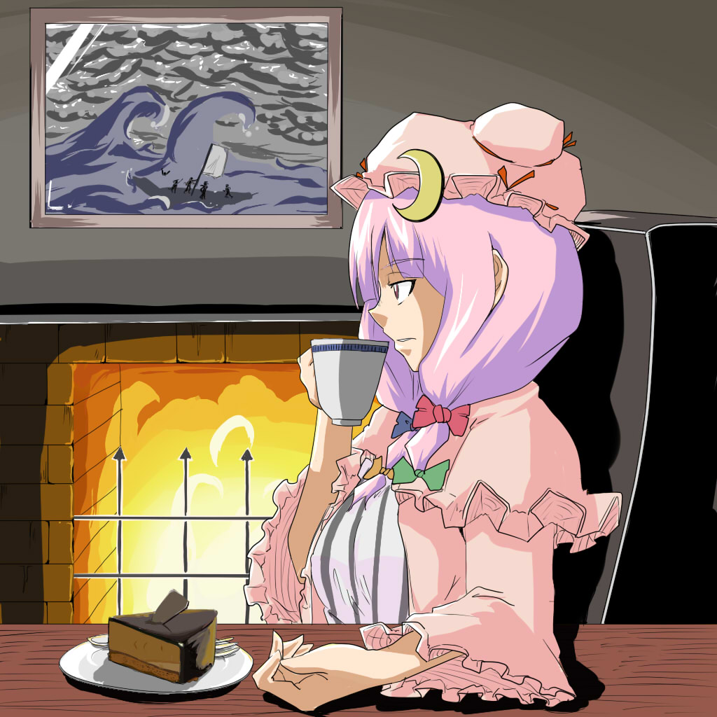 patchouli knowledge, touhou, looking away, 1girl, bow, cake, cake slice, crescent, crescent hair ornament, expressionless, female focus, fireplace, food, fork, hair ornament, hat, long hair, parted lips, pastry, pink bow, plate, profile, purple hair, solo