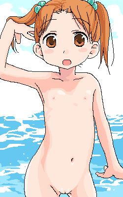 matsuoka miu, ichigo mashimaro, lowres, non-web source, 1girl, armpits, beach, cowboy shot, female focus, flat chest, hair flip, imageboard desourced, loli, nipples, nude, pussy, solo, twintails, water