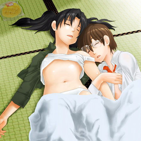 bon, bon (rump), amasawa yuuko, okonogi yuuko, dennou coil, lowres, 00s, 2girls, arm hug, black hair, blanket, bread, brown hair, closed eyes, cuddling, food, glasses, lying, melon bread, multiple girls, navel, on back, on floor, open mouth, sleeping, strap slip, tank top, tatami
