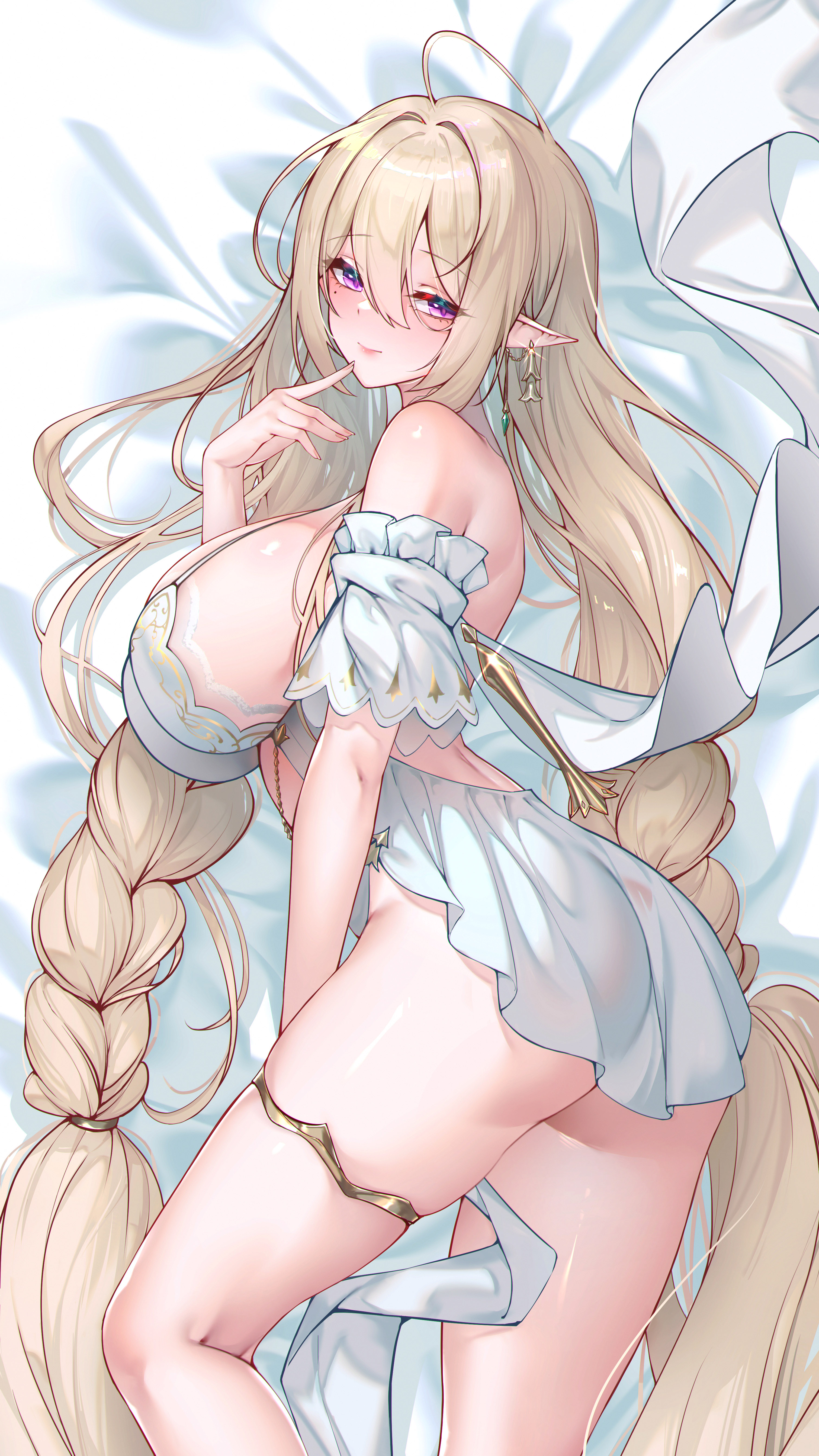 misheng liu yin, gouden leeuw (azur lane), azur lane, gold armlet, absurdres, commentary request, highres, merchandise available, partial commentary, 1girl, ahoge, ass, bare shoulders, bed, bed sheet, blonde hair, bra, braid, breasts, chain, closed mouth, covered collarbone, dakimakura (medium), earrings, finger to mouth, from above, from side, gem, glint, gold, gold chain, gold thighlet, green gemstone, hair between eyes, hair intakes, halterneck, hand up, head tilt, huge breasts, jewelry, long hair, looking at viewer, low-tied long hair, lying, mole, mole under eye, no panties, on bed, pelvic curtain, pointy ears, purple eyes, revealing clothes, sideboob, smile, solo, thighs, twin braids, underwear, very long hair, white bra
