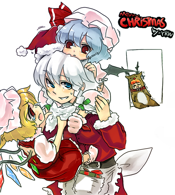 flandre scarlet, hong meiling, izayoi sakuya, remilia scarlet, embodiment of scarlet devil, touhou, silver hair, sister, 4girls, alternate costume, braid, christmas, cowboy shot, female focus, frills, full body, fur trim, hat, long sleeves, looking at viewer, maid headdress, mob cap, multiple girls, pocket, red eyes, santa costume, santa hat, siblings, side braid, side ponytail, simple background, sisters, sweatdrop, twin braids, white background, wings