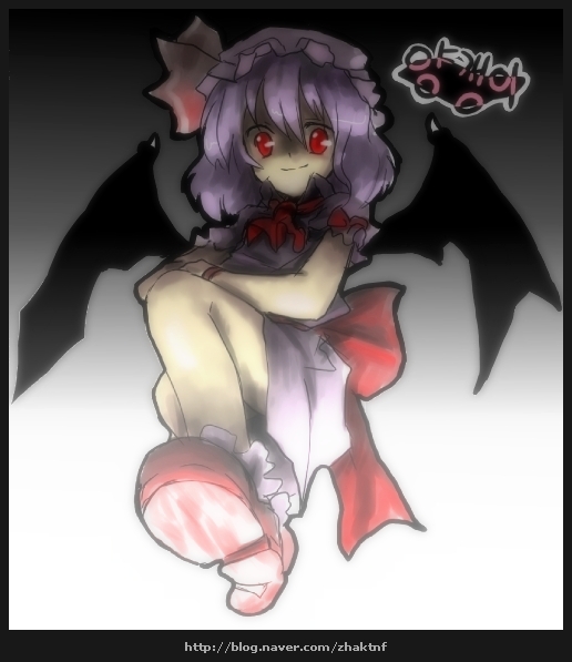remilia scarlet, touhou, 1girl, bat wings, female focus, from below, full body, gradient background, grey background, hat, mob cap, red shoes, shoes, solo, watermark, web address, wings