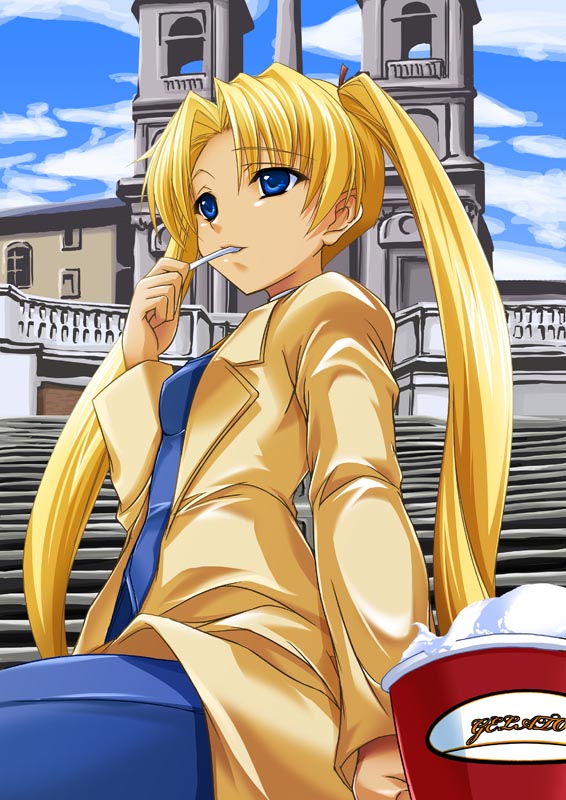 maho (yakimorokoshi), mashuu (masyu), triela, gunslinger girl, 00s, blonde hair, blue eyes, church, dark-skinned female, dark skin, food, ice cream, solo, twintails