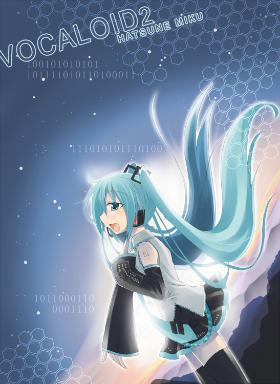 tamura hiro, hatsune miku, vocaloid, 1girl, aqua hair, female focus, long hair, solo, thighhighs, very long hair