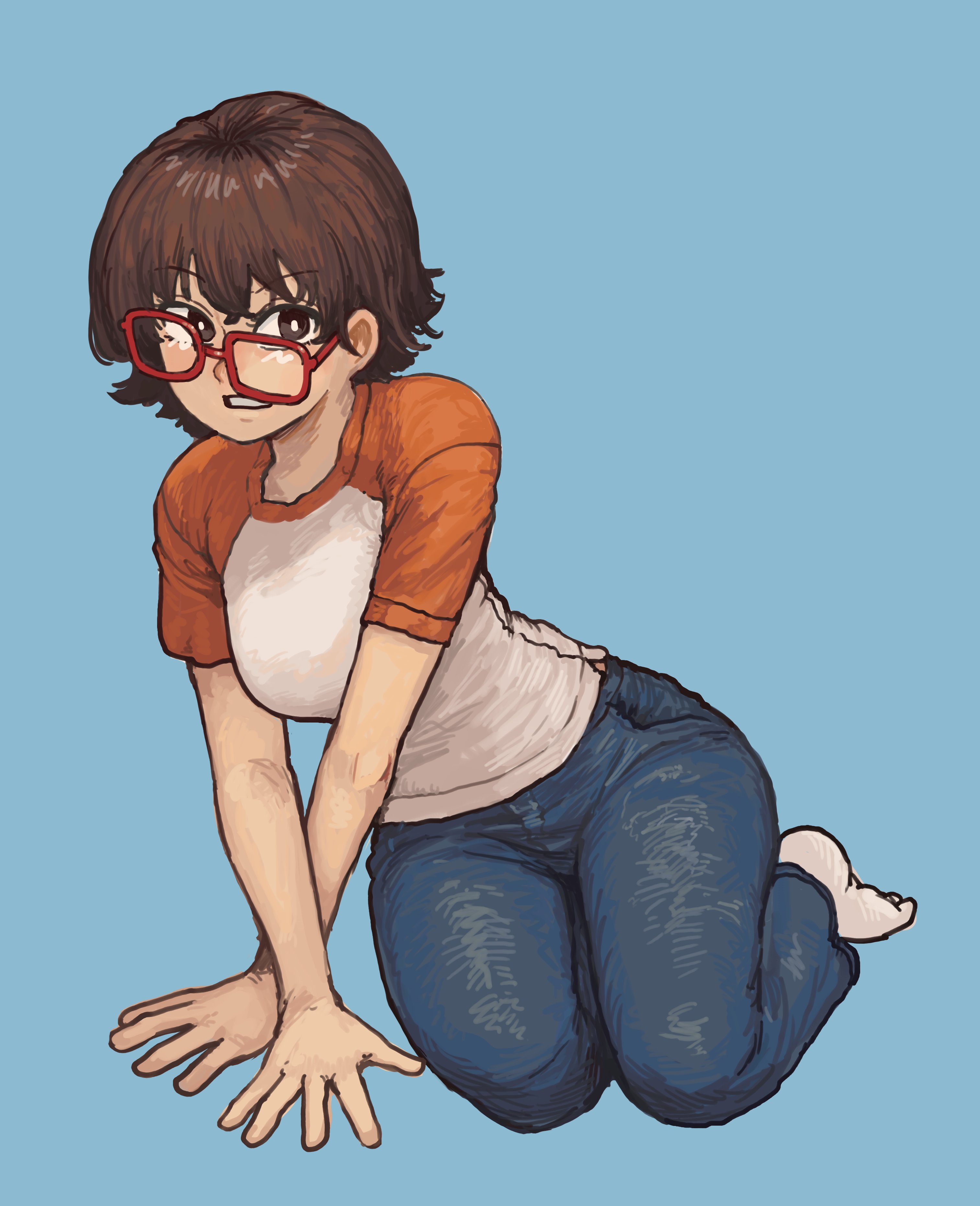 chanta (ayatakaoisii), original, absurdres, highres, 1girl, barefoot, blue background, breasts, brown eyes, brown hair, denim, full body, glasses, jeans, looking at viewer, pants, red-framed eyewear, shirt, short hair, simple background, solo