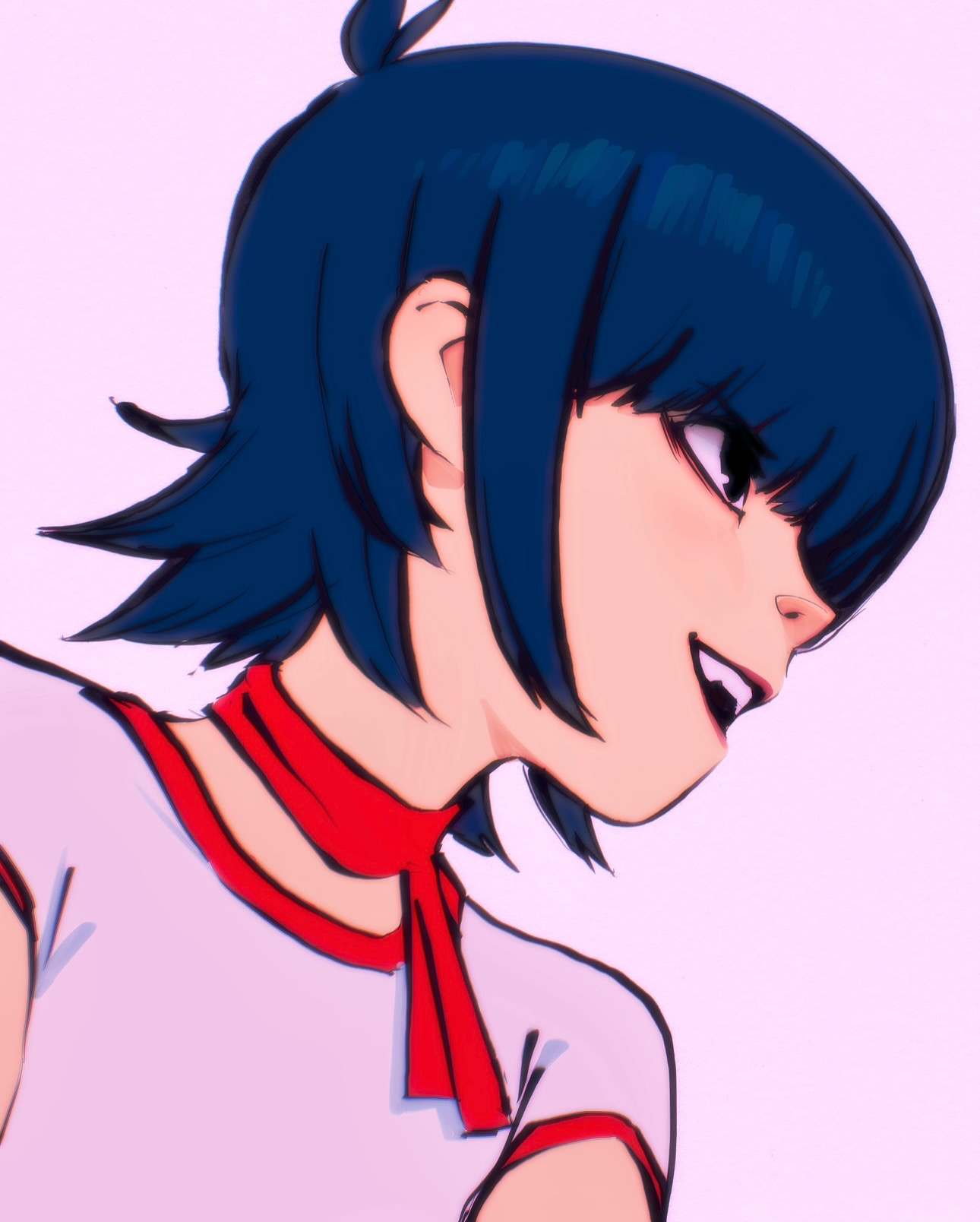 ilya kuvshinov, noodle (gorillaz), gorillaz, commentary, highres, 1girl, black eyes, blue hair, open mouth, profile, short hair, simple background, solo, teeth, upper body, upper teeth only