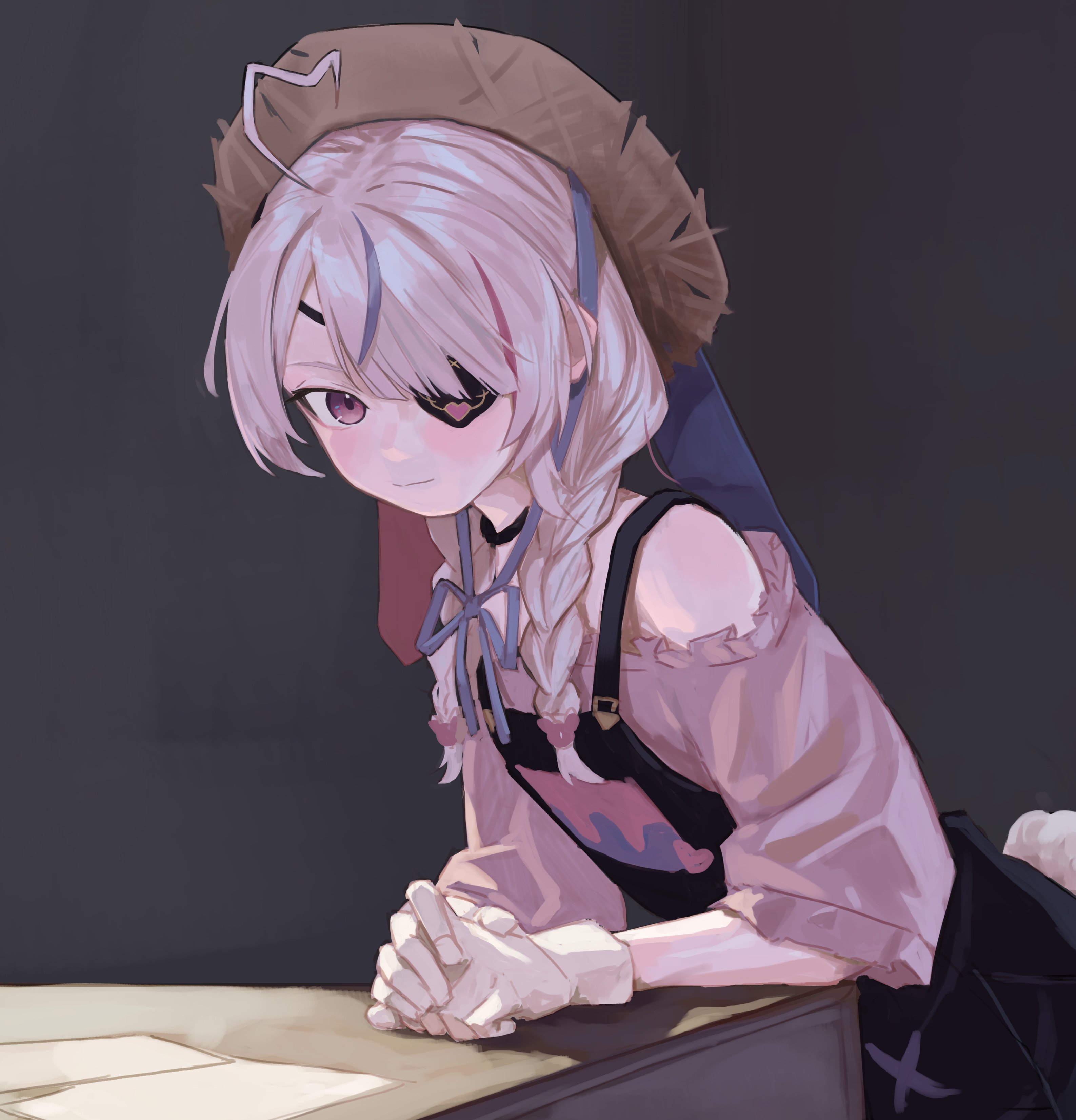 imfa46, maria marionette, maria marionette (3rd costume), nijisanji, nijisanji en, absurdres, highres, 1girl, ahoge, blush, braid, desk, eyepatch, gloves, hat, heart, heart ahoge, leaning on object, long hair, looking at viewer, low twin braids, multicolored hair, off-shoulder shirt, off shoulder, overalls, pink eyes, pink hair, purple hair, rabbit tail, shirt, solo, straw hat, streaked hair, tail, twin braids, virtual youtuber