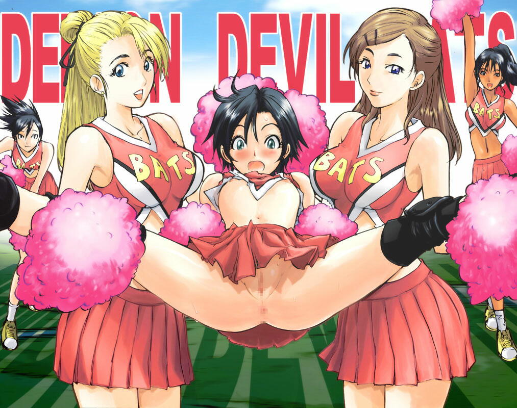 kon-kit, taki suzuna, eyeshield 21, 00s, 5girls, anus, arms behind back, assisted exposure, blush, breasts, censored, cheerleader, dark-skinned female, dark skin, embarrassed, forced, hair ornament, hairclip, humiliation, mosaic censoring, multiple girls, navel, nipples, no panties, pom pom (cheerleading), pussy, small breasts, split, spread legs, undressing