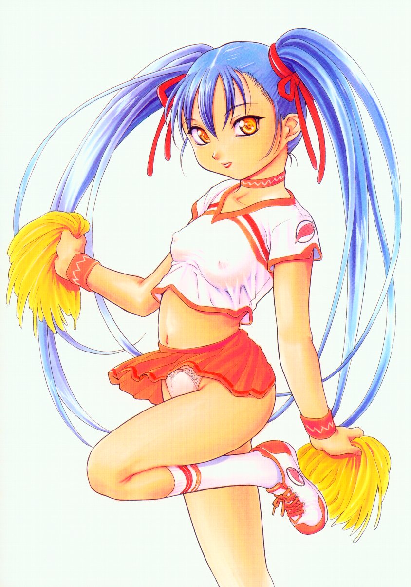 nishitsuki tsutomu, hoshino ruri, kidou senkan nadesico, highres, scan, 1girl, alternate costume, blue hair, breasts, cheerleader, choker, clothes lift, collarbone, covered erect nipples, crop top, dual wielding, female focus, hair ribbon, holding, kneehighs, lace, lace-trimmed panties, lace trim, leg lift, light smile, lipstick, long hair, looking at viewer, makeup, microskirt, midriff, navel, outstretched arm, panties, pleated skirt, pom pom (cheerleading), ribbon, see-through clothes, shirt, shoes, short sleeves, simple background, skirt, skirt lift, small breasts, smile, sneakers, socks, solo, taut clothes, taut shirt, twintails, underwear, very long hair, white background, white panties, wind, wind lift, wristband, yellow eyes