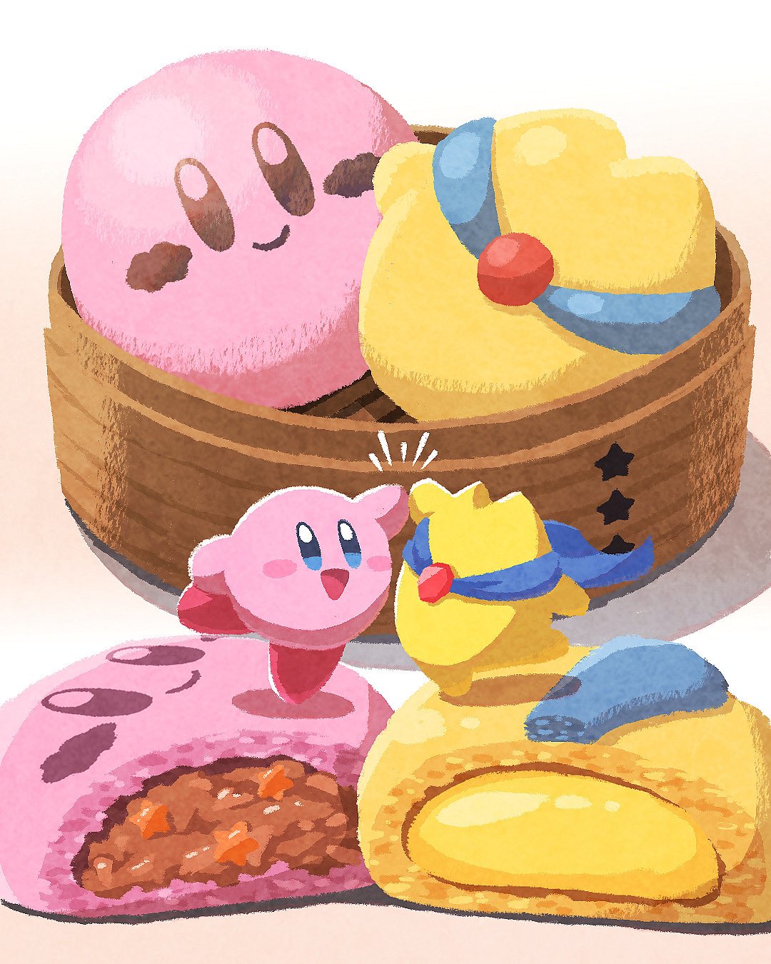 miclot, kirby, starman (kirby), kirby (series), nintendo, commentary, highres, :d, blue eyes, blush stickers, custard, food, high five, meat, no humans, open mouth, smile