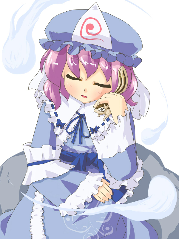 hujikok, saigyouji yuyuko, touhou, 1girl, blush, closed eyes, female focus, frills, hat, hitodama, japanese clothes, kimono, long sleeves, mob cap, open mouth, pink hair, shoes, simple background, sitting, solo, squirrel, triangular headpiece, white background, wide sleeves