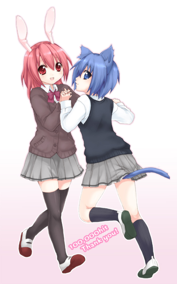 usashiro mani, original, bad id, bad pixiv id, animal ears, cat ears, cat tail, rabbit ears, school uniform, serafuku, socks, tail, thighhighs, zettai ryouiki
