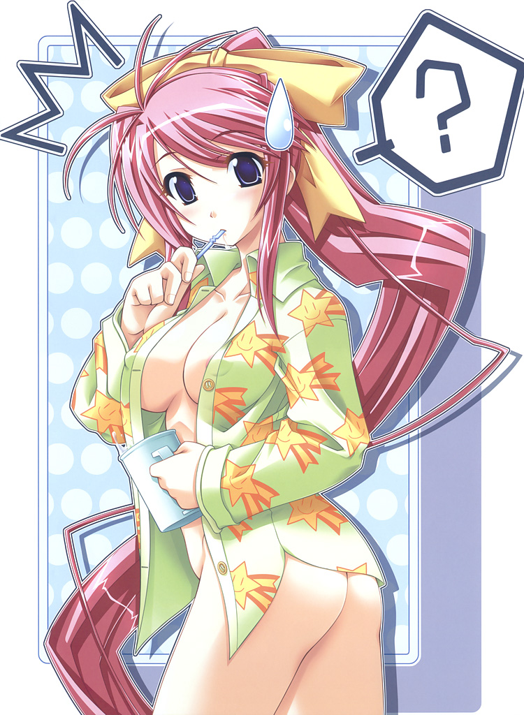 shinozuka atsuto, amatsue hikari, dyogrammaton, 1girl, ?, ^^^, antenna hair, areola slip, ass, blue eyes, blush, bottomless, bow, breasts, covered erect nipples, cup, embarrassed, female focus, from behind, hair ribbon, large breasts, long hair, looking back, mug, nipple slip, nipples, no bra, no panties, open clothes, open shirt, pajamas, pink hair, polka dot, ponytail, print pajamas, ribbon, shirt, solo, standing, star (symbol), star print, surprised, sweatdrop, toothbrush, very long hair