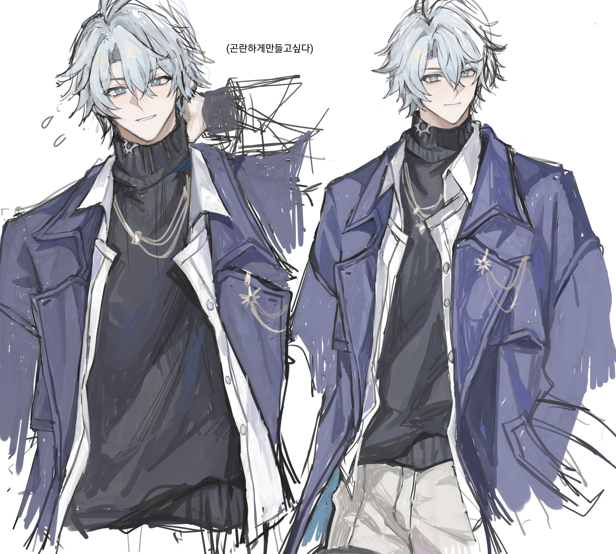 phainon (honkai: star rail), honkai: star rail, honkai (series), highres, translation request, 1boy, antenna hair, arm behind head, black sweater, blue coat, blue eyes, coat, crossed bangs, gold necklace, grey hair, hair between eyes, hands in pockets, jewelry, korean text, light blush, looking at viewer, male focus, multiple views, necklace, numm, official alternate costume, open clothes, open coat, open shirt, pants, parted bangs, phainon (luckin coffee) (honkai: star rail), shirt, short hair, simple background, smile, solo, sweater, turtleneck, turtleneck sweater, white background, white pants, white shirt, yellow pupils