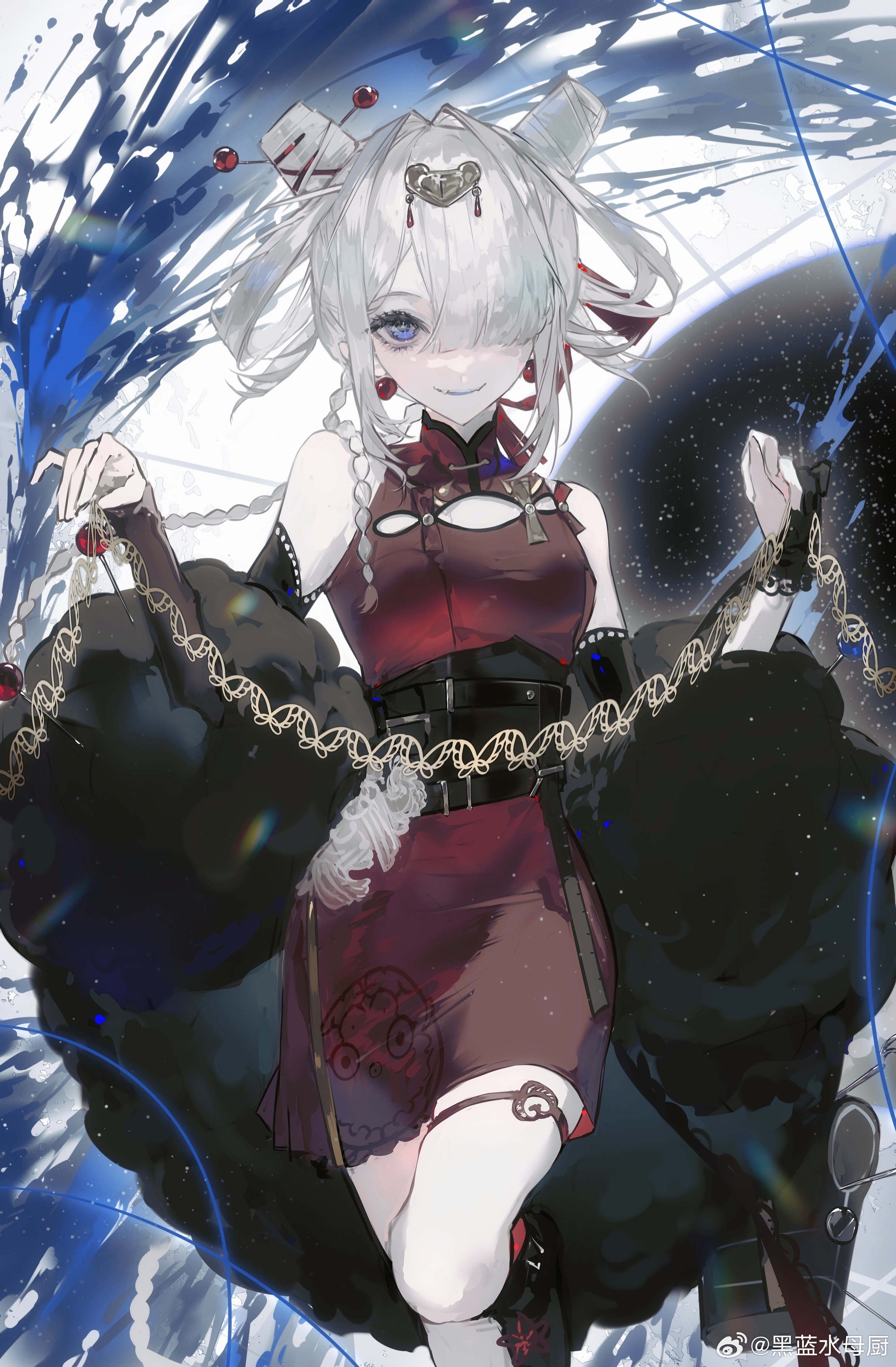 original, absurdres, highres, 1girl, bare shoulders, belt, black gloves, black sash, blue eyes, braid, china dress, chinese clothes, cleavage cutout, clothing cutout, cowboy shot, detached sleeves, double bun, dress, earrings, fingerless gloves, gloves, hair between eyes, hair bun, hair ornament, hair over one eye, hair rings, heilanshuimuchu, jewelry, long hair, looking at viewer, one eye covered, pale skin, partially fingerless gloves, red dress, sash, shawl, sleeveless, sleeveless dress, smile, standing, standing on one leg, thigh strap, white hair