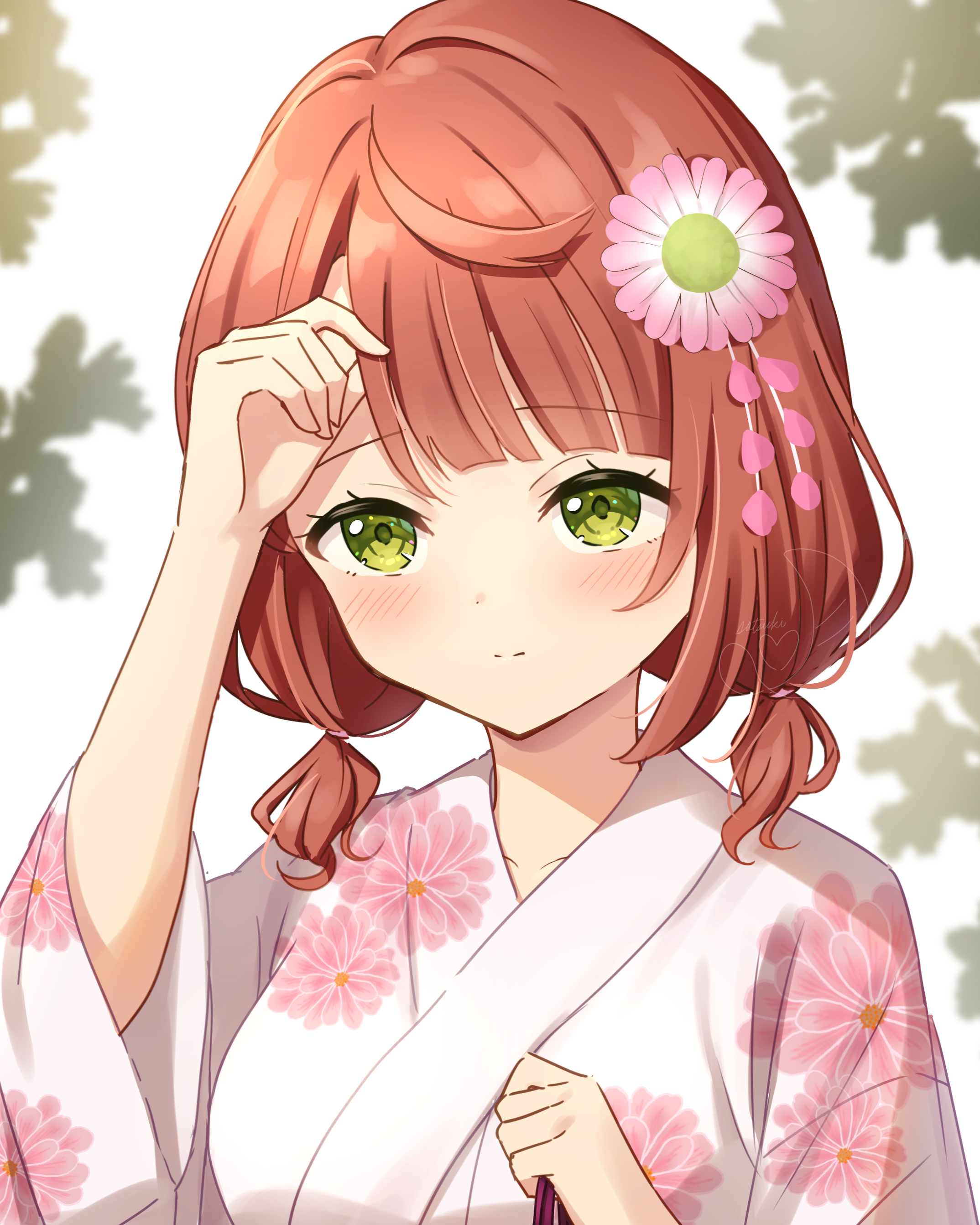 hanazora satsuki, uehara ayumu, love live!, love live! nijigasaki high school idol club, absurdres, commentary request, highres, 1girl, adjusting hair, blush, breasts, closed mouth, floral print, floral print kimono, flower, green eyes, hair flower, hair ornament, japanese clothes, kimono, looking at viewer, low twintails, medium breasts, pink kimono, print kimono, red hair, short twintails, solo, twintails, upper body, yukata