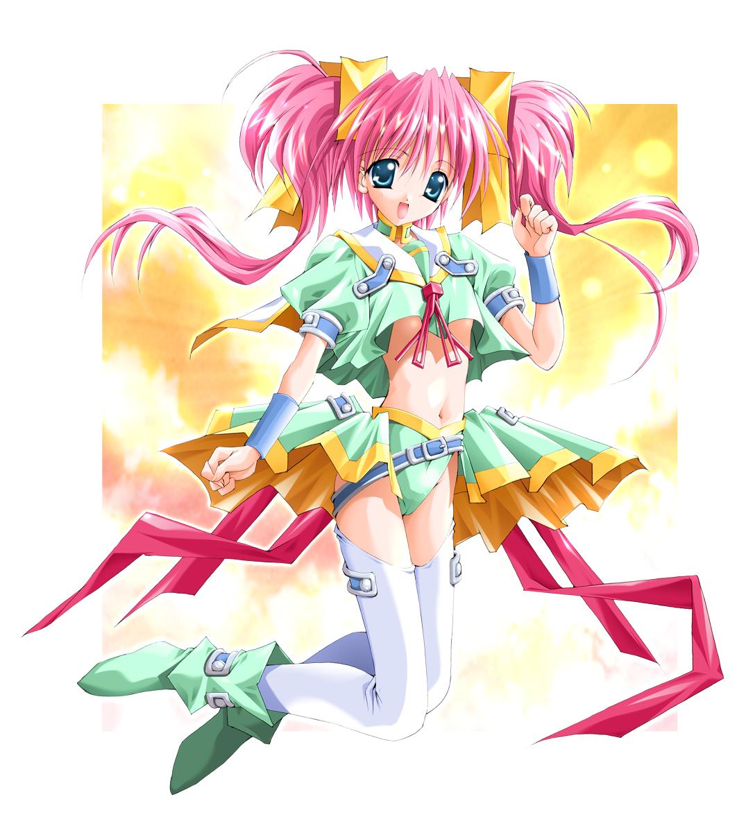asuka keisuke, lulu (lunar wing), lunar wing, 1girl, :d, belt, blue eyes, boots, cameltoe, female focus, flat chest, green boots, hair ribbon, long hair, midriff, navel, open mouth, pink hair, pleated skirt, ribbon, school uniform, serafuku, skirt, smile, solo, thighhighs, turtleneck, twintails, white thighhighs, zettai ryouiki