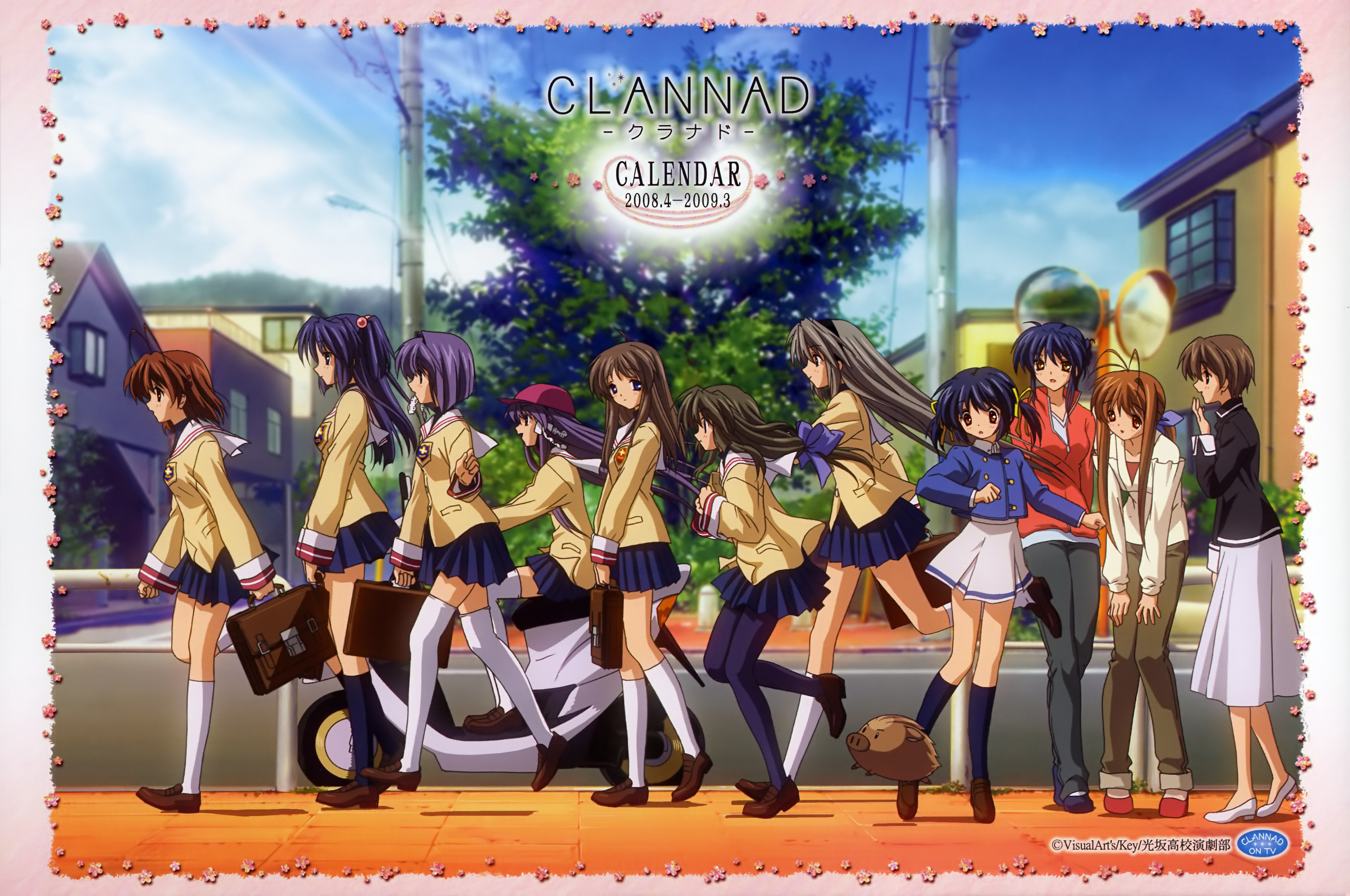 botan (clannad), fujibayashi kyou, fujibayashi ryou, furukawa nagisa, furukawa sanae, ibuki fuuko, ibuki kouko, ichinose kotomi, miyazawa yukine, sagara misae, sakagami tomoyo, sunohara mei, clannad, hands on thighs, vehicle, white legwear, absurdres, highres, official art, 00s, 6+girls, bag, blue pantyhose, blue socks, blurry, boar, briefcase, building, calendar, depth of field, everyone, hair bobbles, hair ornament, hair ribbon, hairband, hat, kneehighs, loafers, long hair, long skirt, low-tied long hair, motor vehicle, multiple girls, no socks, pants, pantyhose, ribbon, road, running, school bag, school briefcase, school uniform, scooter, shoes, short hair, siblings, sisters, skirt, socks, street, thighhighs, tree, twins, twintails, two side up, utility pole, zettai ryouiki