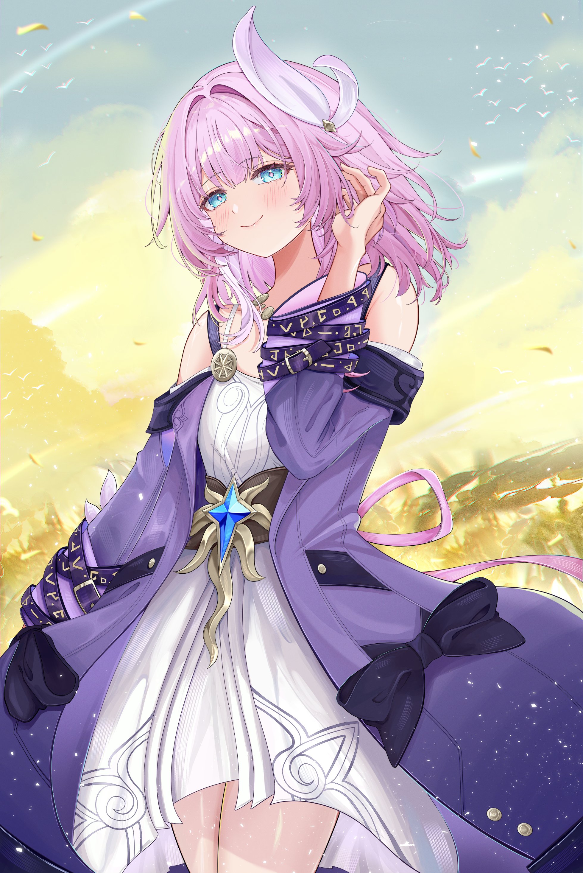 millchi, cyrene (honkai: star rail), honkai: star rail, honkai (series), absurdres, commentary request, highres, 1girl, bare shoulders, blue eyes, blue sky, breasts, coat, dress, hair ornament, jewelry, necklace, outdoors, pink hair, purple coat, sky, small breasts, smile, solo, thighs, white dress