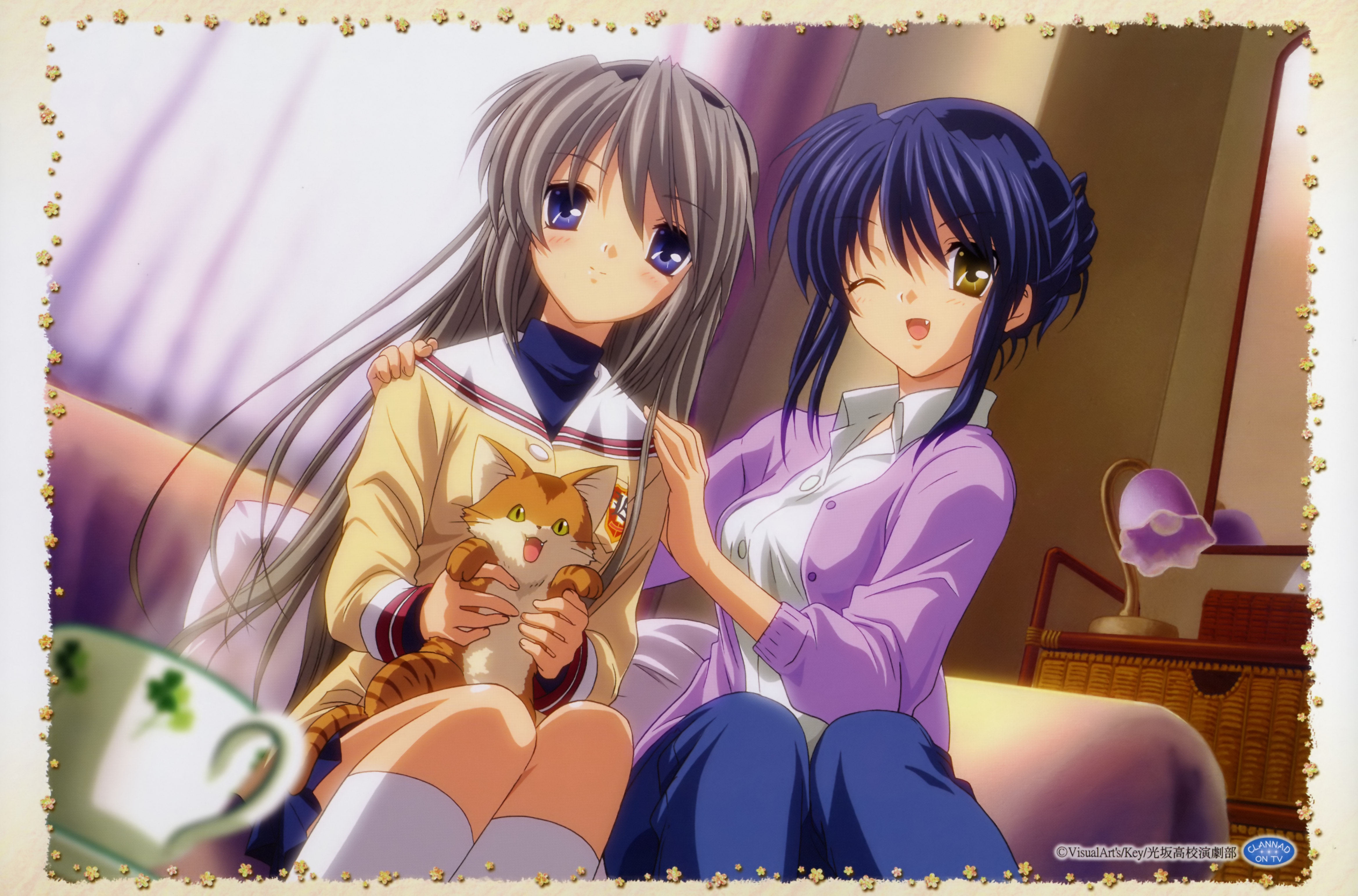 sagara misae, sakagami tomoyo, clannad, absurdres, highres, official art, 00s, cat, fang, school uniform, serafuku, wink