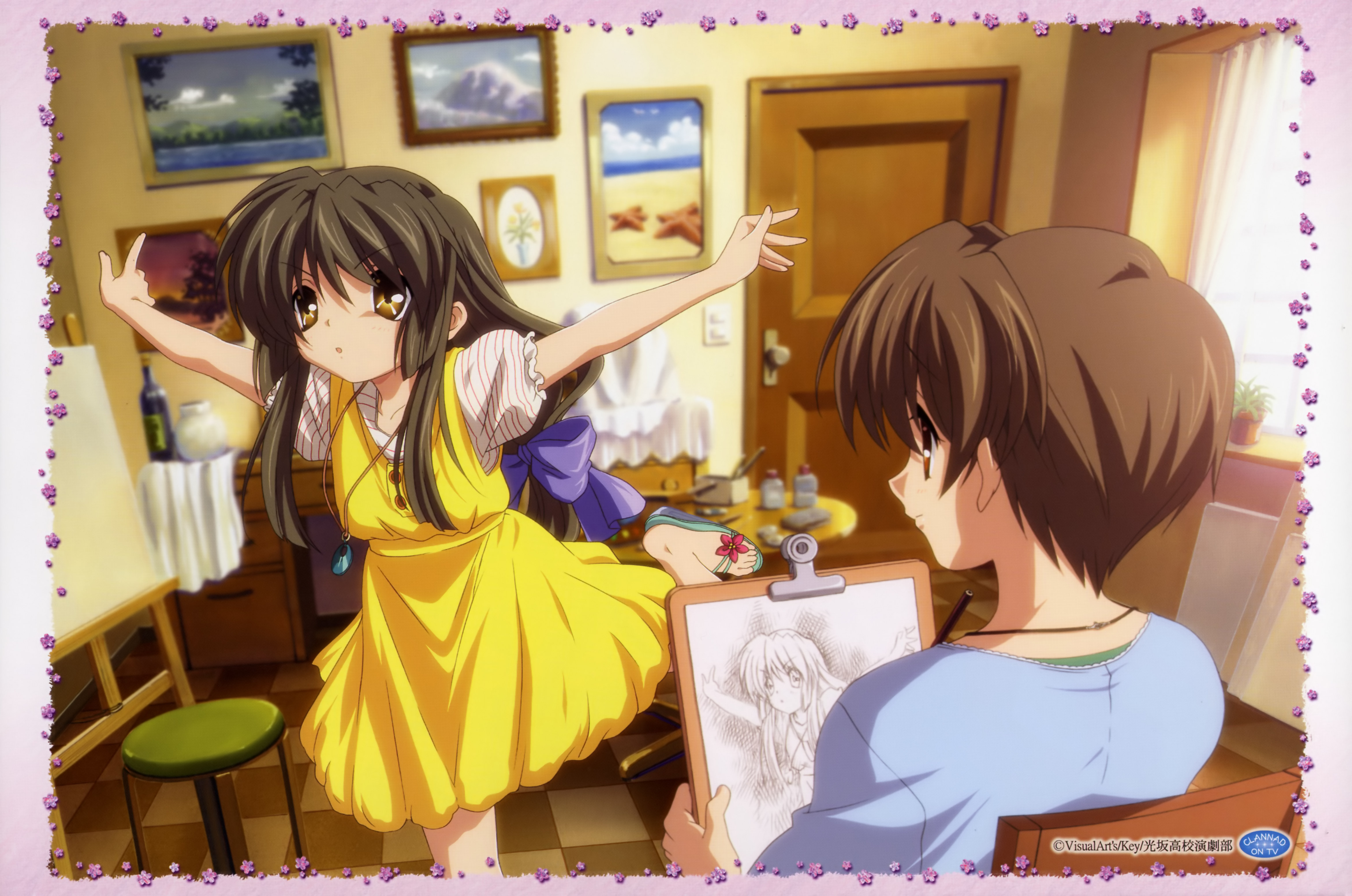 ibuki fuuko, ibuki kouko, clannad, absurdres, highres, official art, 00s, ballerina, ballet, modeling, outstretched arms, siblings, sisters, sketch