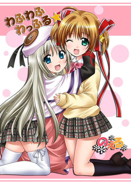 itsuki sayaka, kamikita komari, noumi kudryavka, little busters!, silver hair, 2girls, aqua eyes, blue eyes, bow, buttons, cape, fang, hair ribbon, hat, hug, large buttons, long hair, multiple girls, one eye closed, open mouth, orange hair, pink bow, plaid clothes, plaid skirt, ribbon, school uniform, serafuku, skirt, thighhighs, very long hair, wink