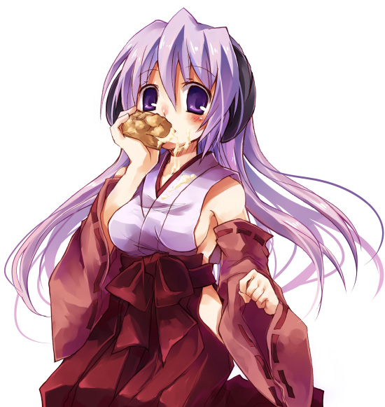 suzushiro kurumi, hanyuu, higurashi no naku koro ni, 00s, 1girl, detached sleeves, eating, female focus, hakama, hakama skirt, horns, japanese clothes, kimono, kneeling, long hair, miko, purple eyes, purple hair, red hakama, skirt, solo