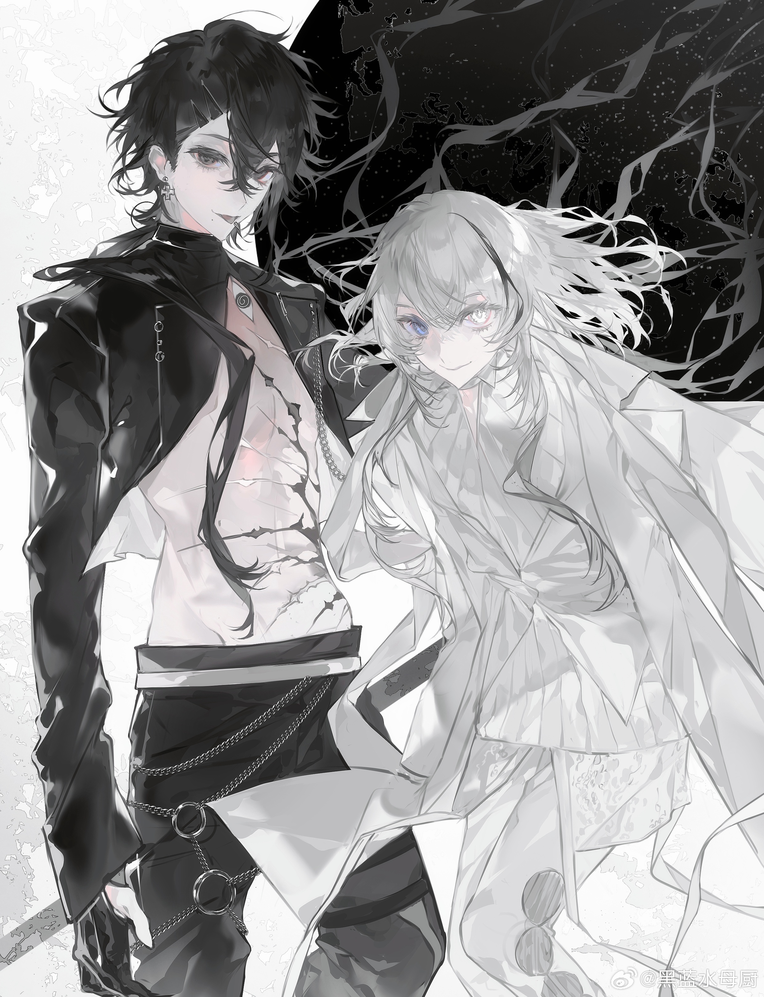 original, absurdres, highres, 1boy, 1girl, abs, black eyes, black gloves, black hair, black jacket, black pants, blue eyes, chain, closed mouth, coat, dress, earrings, gloves, grey eyes, hair between eyes, hair ornament, hairclip, heilanshuimuchu, heterochromia, jacket, jewelry, long hair, long sleeves, looking at viewer, male focus, multicolored hair, open clothes, open coat, open jacket, pants, piercing, pink eyes, ribbon, shirt, sleeves past fingers, sleeves past wrists, stomach tattoo, tattoo, tongue, tongue out, white coat, white hair, white pants