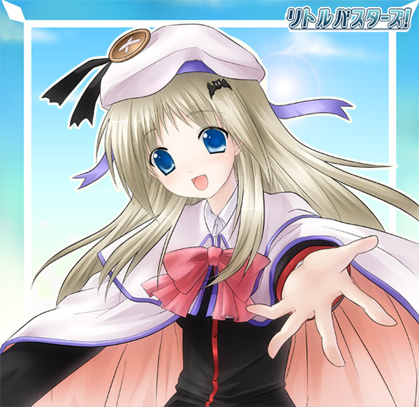 6u (eternal land), kiyu, noumi kudryavka, little busters!, silver hair, 1girl, blue eyes, bow, buttons, cape, female focus, hat, large buttons, long hair, pink bow, solo