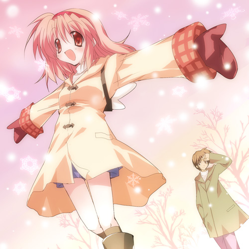 paco, aizawa yuuichi, tsukimiya ayu, kanon, lowres, 1boy, 1girl, backpack, bag, blonde hair, boots, brown eyes, coat, hairband, headband, mittens, open mouth, outstretched arms, randoseru, red eyes, shorts, snow, snowing, tree, wings