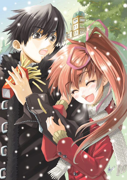 yuu (yuyukaikan), original, ^ ^, arm hug, black eyes, black hair, brown hair, closed eyes, french fries, long hair, scarf, short hair, side ponytail, snow
