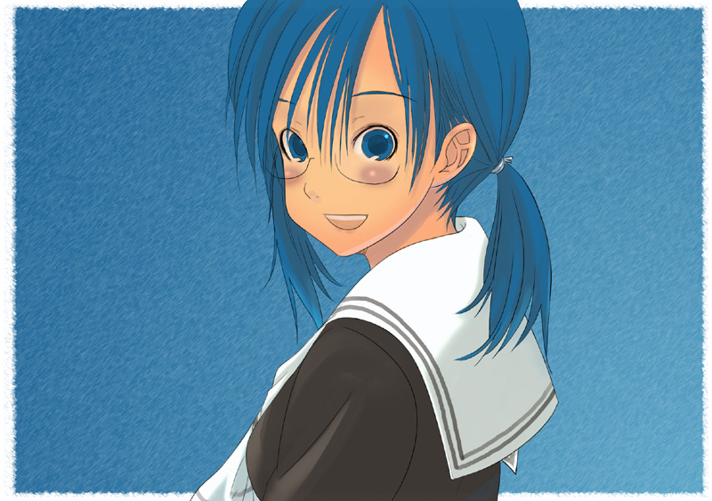 kiriman (souldeep), original, 1girl, :d, black serafuku, blue background, blue eyes, blue hair, blush, female focus, from side, glasses, low twintails, matching hair/eyes, open mouth, school uniform, serafuku, short twintails, smile, solo, twintails, upper body