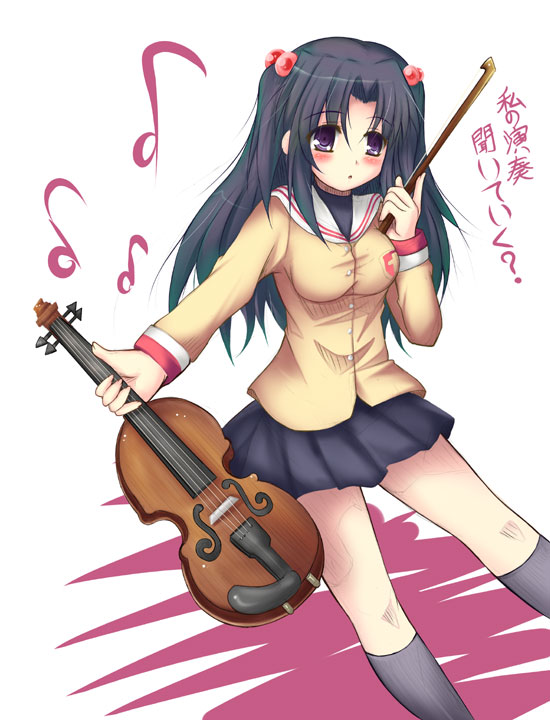 tekehiro, ichinose kotomi, clannad, 00s, hair bobbles, hair ornament, instrument, school uniform, serafuku, solo, two side up, violin
