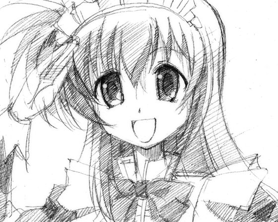 gofu, farin k. ehrlichkeit, lyrical nanoha, mahou shoujo lyrical nanoha, traditional media, 00s, 1girl, female focus, greyscale, maid, monochrome, salute, sketch, solo