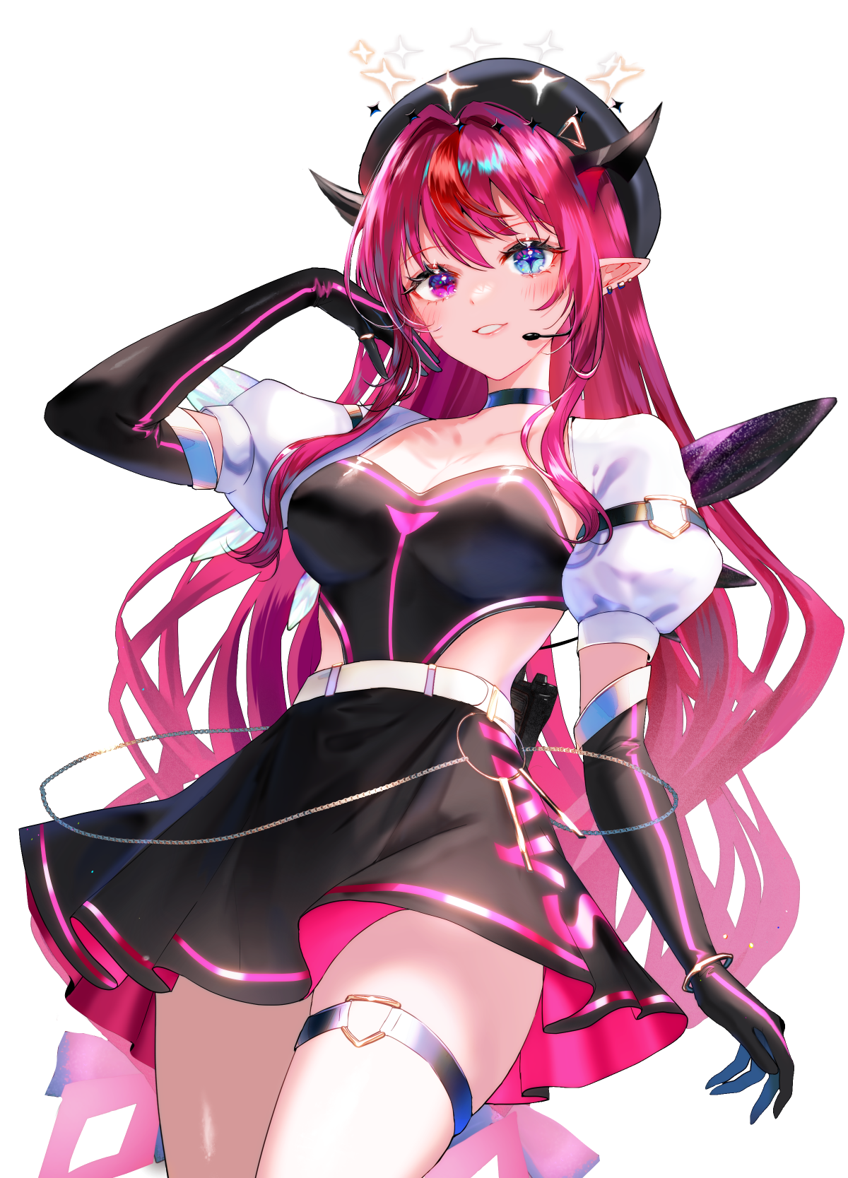 sowon, irys (hololive), hololive, hololive english, commentary, english commentary, highres, 1girl, asymmetrical wings, belt, black choker, black gloves, black shirt, black skirt, blue eyes, breasts, choker, crystal wings, double halo, elbow gloves, gloves, grin, halo, hand up, headset, heterochromia, horns, long hair, looking at viewer, low-tied long hair, medium breasts, miniskirt, mismatched wings, multicolored hair, o-ring, o-ring thigh strap, official alternate costume, pointy ears, puffy short sleeves, puffy sleeves, purple eyes, purple hair, red hair, shirt, short sleeves, sidelocks, simple background, skirt, smile, solo, star-shaped pupils, star (symbol), star halo, streaked hair, symbol-shaped pupils, thigh strap, transparent background, very long hair, virtual youtuber, white belt, white sleeves, wings