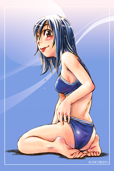 back, bikini, blue bikini, blue hair, blush, brown eyes, solo, swimsuit, tongue