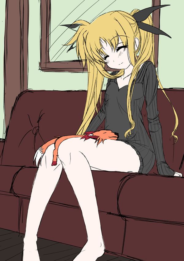 frapowa, arf, fate testarossa, lyrical nanoha, mahou shoujo lyrical nanoha, unfinished, 00s, 1girl, ^ ^, animal, bare legs, barefoot, blonde hair, blush, closed eyes, collarbone, couch, female focus, hair ribbon, indoors, long sleeves, no pants, on lap, pantyhose, pink ribbon, ribbon, sitting, sleeping, sleeping upright, solo, sweater, twintails, window