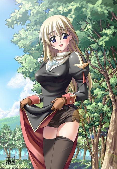 priest (ragnarok online), ragnarok online, 1girl, blonde hair, blue eyes, blush, breasts, clothes lift, cloud, cross, cross necklace, female focus, jewelry, large breasts, looking at viewer, necklace, open mouth, outdoors, priest, rosary, skirt, skirt lift, sky, smile, solo, thighhighs, tree, zettai ryouiki