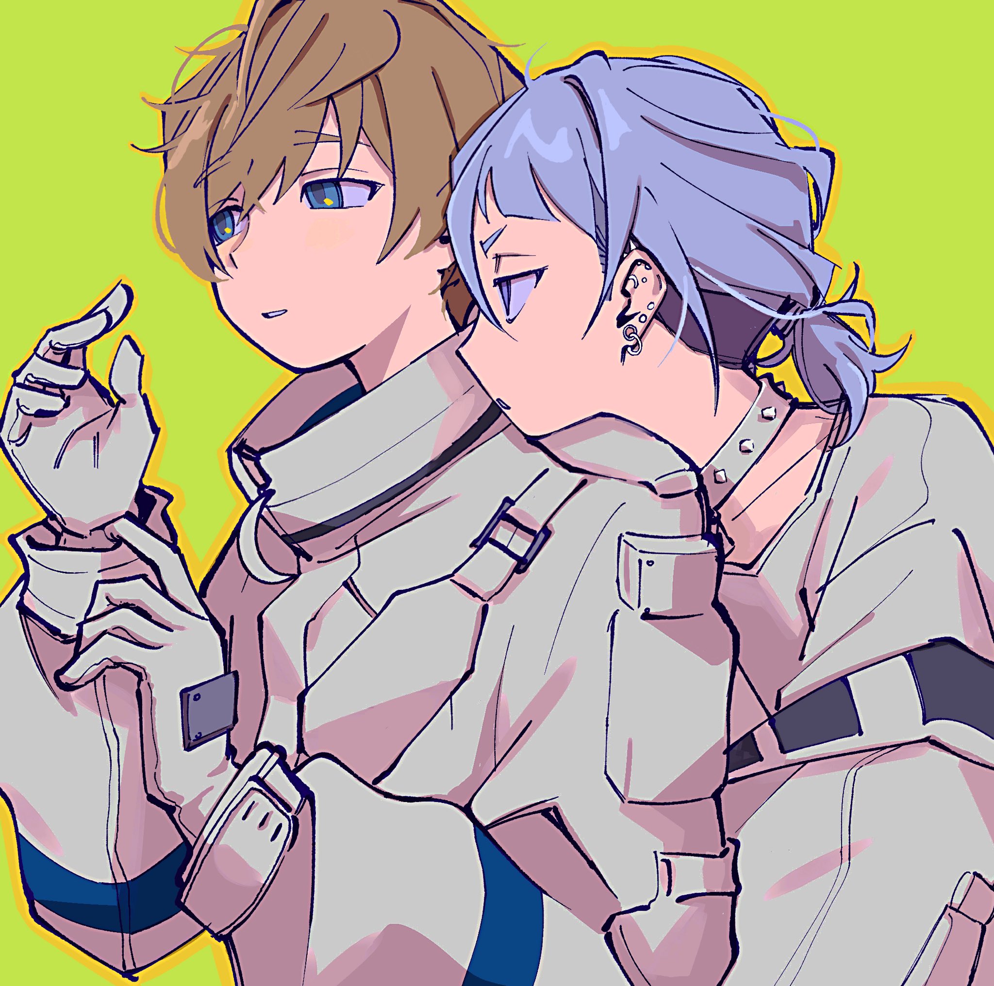 ivib, ando shiki, natsume ryu, paradox live, highres, 2boys, arm around waist, arm up, blue eyes, brown hair, choker, choppy bangs, ear piercing, earrings, gloves, green background, hair between eyes, head on another's shoulder, jacket, jewelry, long sleeves, looking at another, multiple boys, multiple earrings, outline, parted lips, piercing, ponytail, purple eyes, shirt, short hair, short ponytail, simple background, solid circle pupils, spiked choker, spiked ear piercing, spikes, staring, turtleneck, turtleneck jacket, undercut, white gloves, white hair, white jacket, white shirt, zipper, zipper top